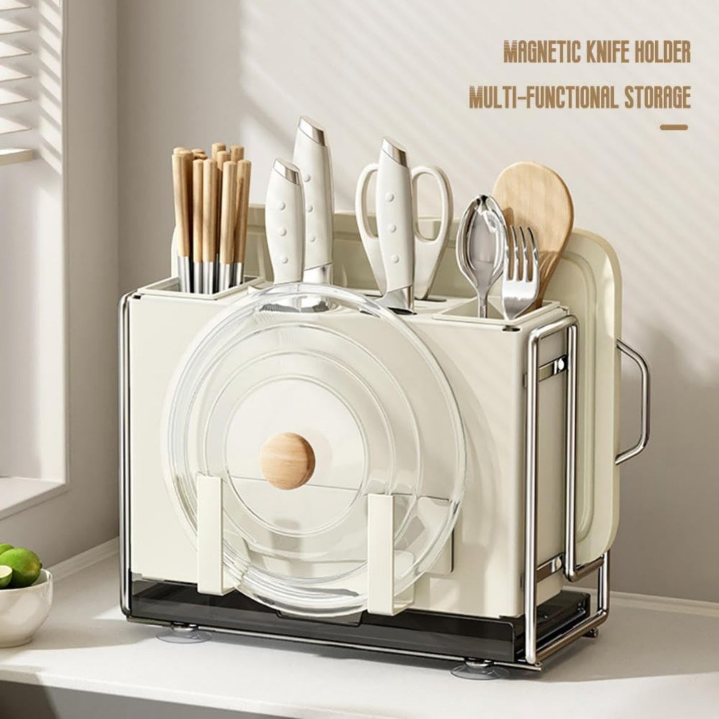 Magnetic Knife Holder & Chopstick Cage – Multifunctional Kitchen Storage Rack with Chopping Board Slot