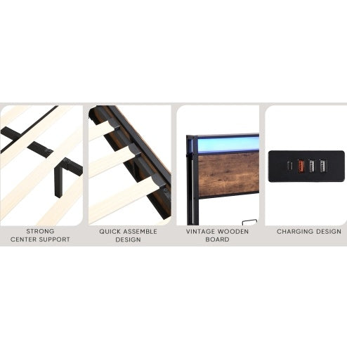Wooden Platform Bed Frame with Lift-Up Storage & Built-In Charging Station