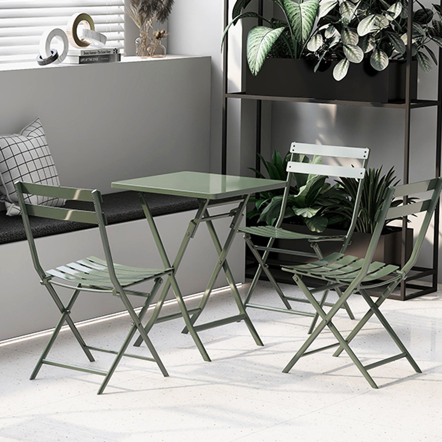 3 Piece Patio Bistro Set of Foldable Square Table and Chairs, Dark Green