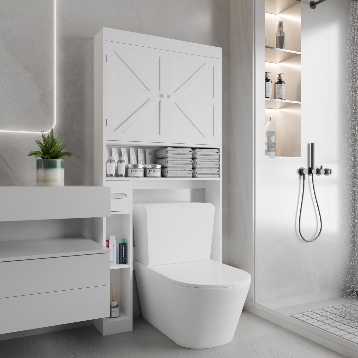 Over-the-Toilet Storage Cabinet with 2 Doors – Farmhouse Style Space-Saving Bathroom Organizer (White)