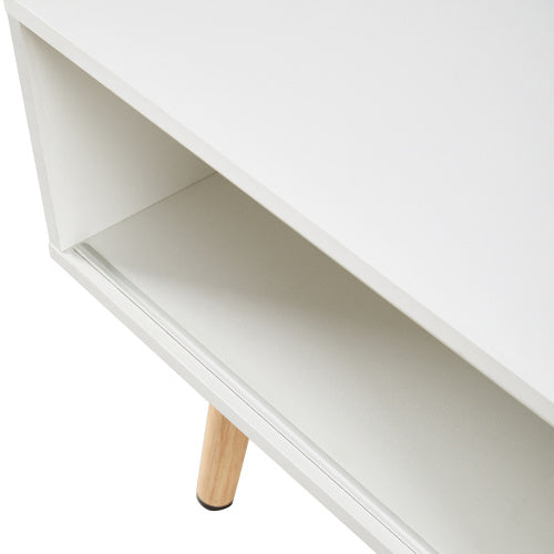 Rattan Coffee Table – Sliding Door Storage with Solid Wood Legs (White)