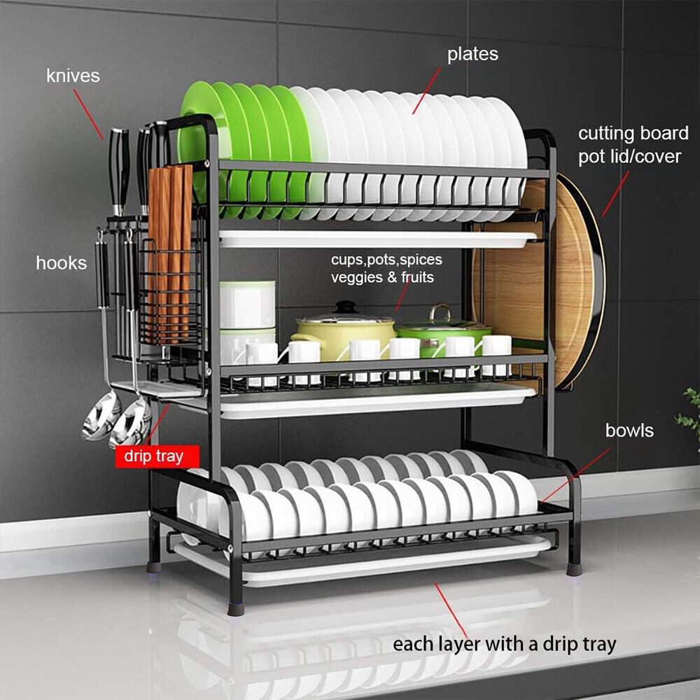 3-Tier Large Capacity Dish Drying Rack with Utensil & Cutting Board Holder – Space-Saving Kitchen Organizer (Black)