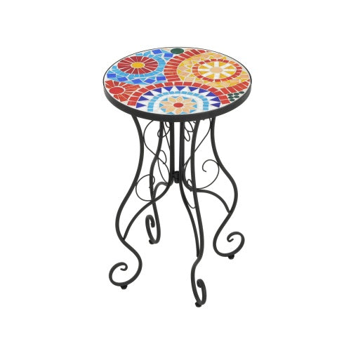 Colorful Outdoor Side Table – Ceramic Tile Top with Black Iron Frame, 14" Round Patio Accent Table