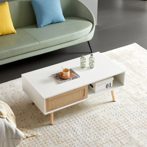Rattan Coffee Table – Sliding Door Storage with Solid Wood Legs (White)