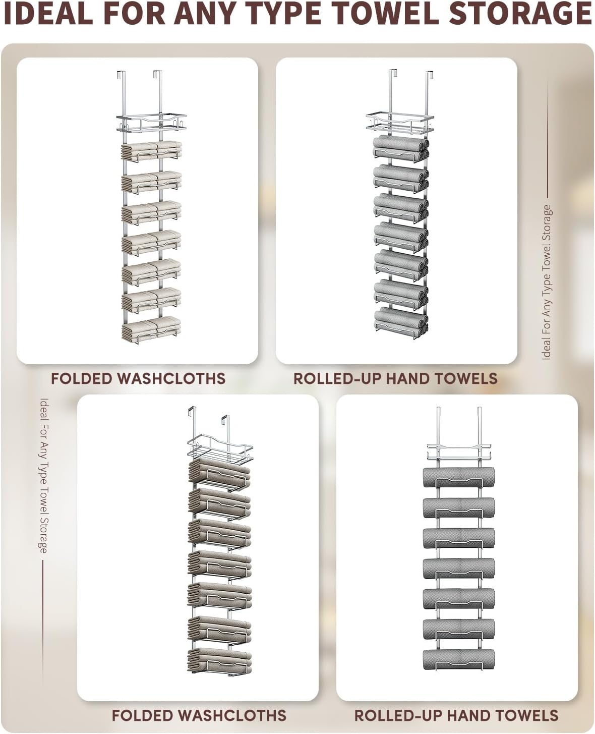 Over-the-Door Towel Rack β 8-Tier No-Drill Hanging Organizer for Bathroom, Back Door β Space-Saving Rolled Towel Holder (Silver)