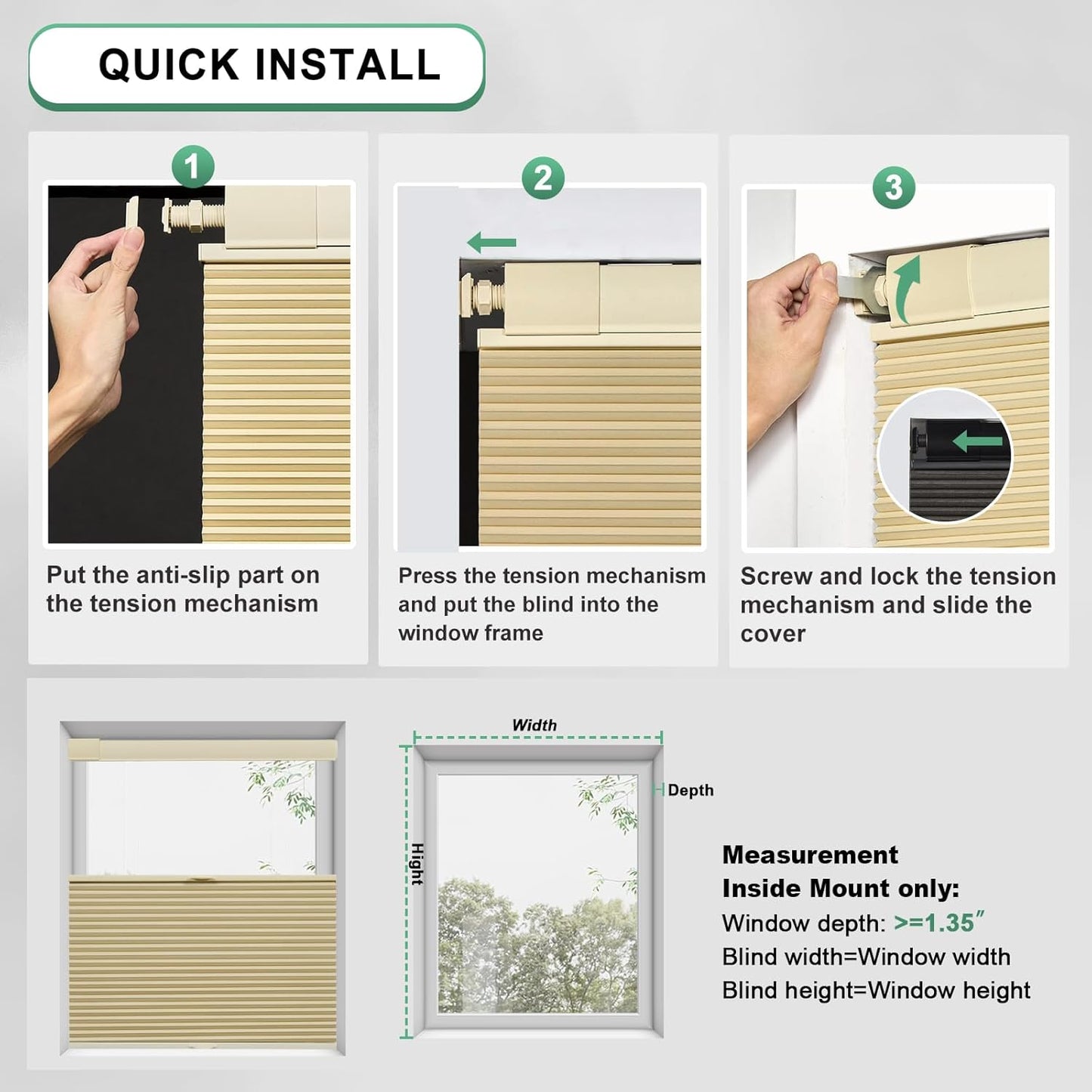 Cellular Shades for Windows, No Tools No Drill Top Down Bottom Up, 1" Blackout Fabric, Cordless Honeycomb Blinds for Indoor Window, Thermal Insulated Noise Reduction, Custom Size, Beige