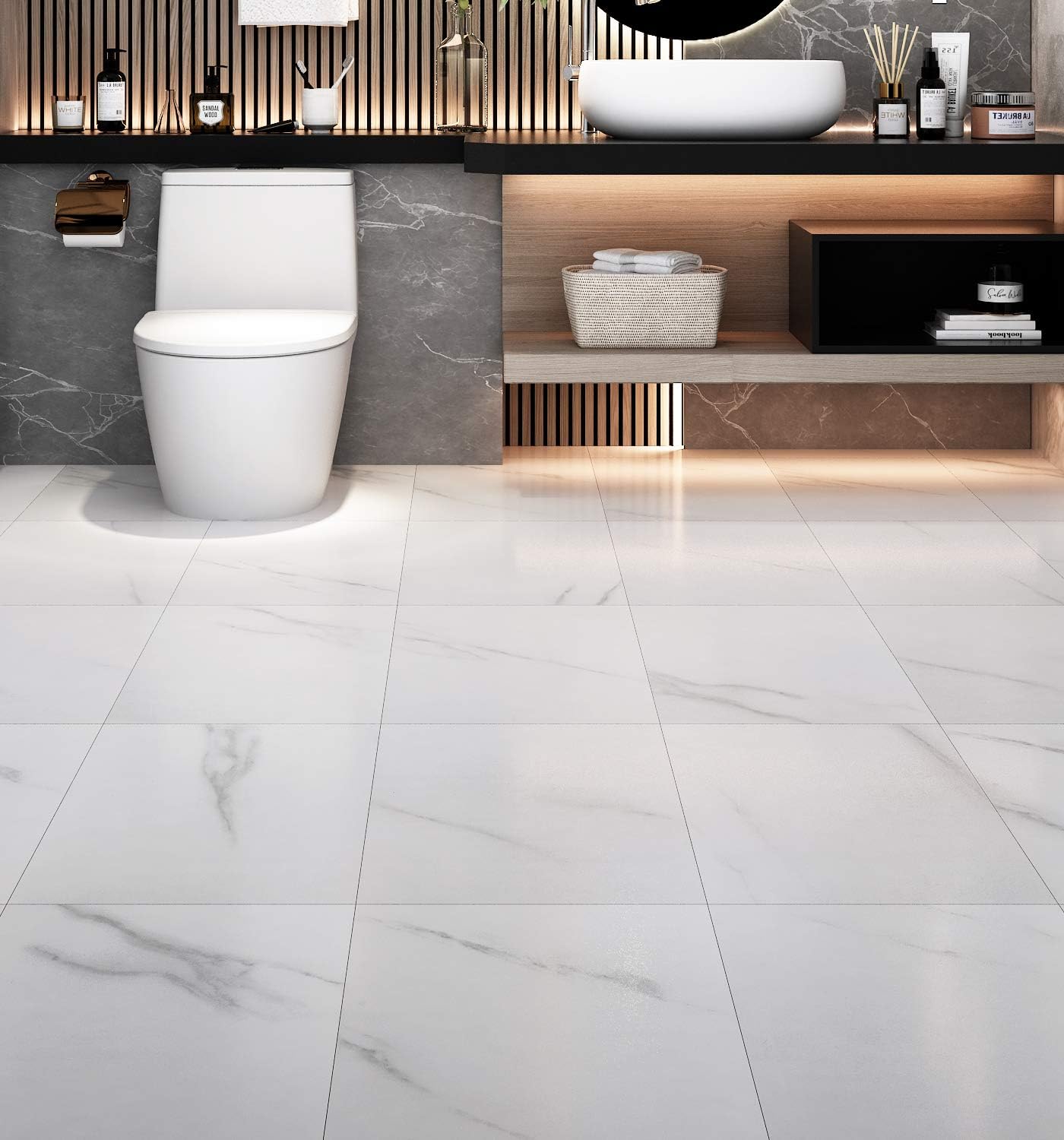 Livelynine White Peel and Stick Floor Tile 16pcs 12X12 Inch Stick on Floor Tiles Bathroom Vinyl Flooring Peel and Stick Tile Floor Stickers Kitchen Bedroom Renter Friendly Laminate Flooring Waterproof