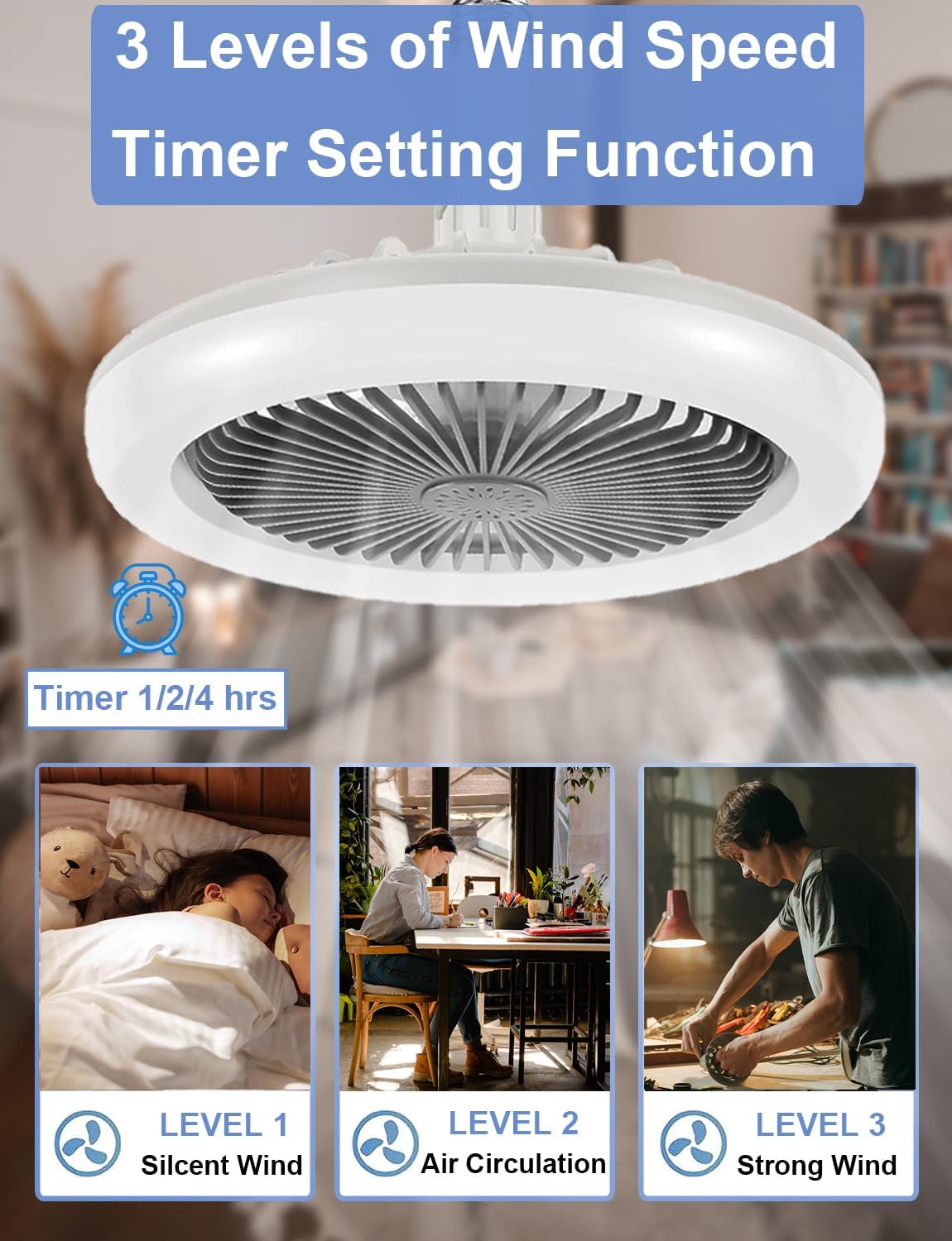 Enclosed Ceiling Fan with Light and Remote, 10 Inch Screw in Fan Light Mini Bladeless Ceiling Fans, 3 Fan Speeds Dimmable 3 Light Colors for Garage Tool Room Hallway, No Wiring Required