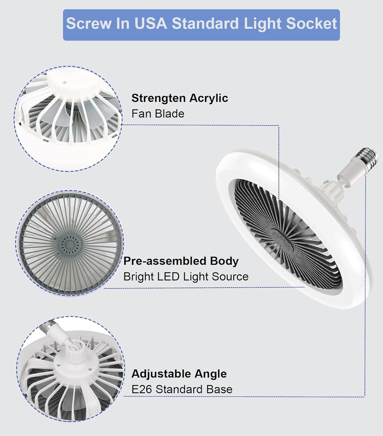 Enclosed Ceiling Fan with Light and Remote, 10 Inch Screw in Fan Light Mini Bladeless Ceiling Fans, 3 Fan Speeds Dimmable 3 Light Colors for Garage Tool Room Hallway, No Wiring Required