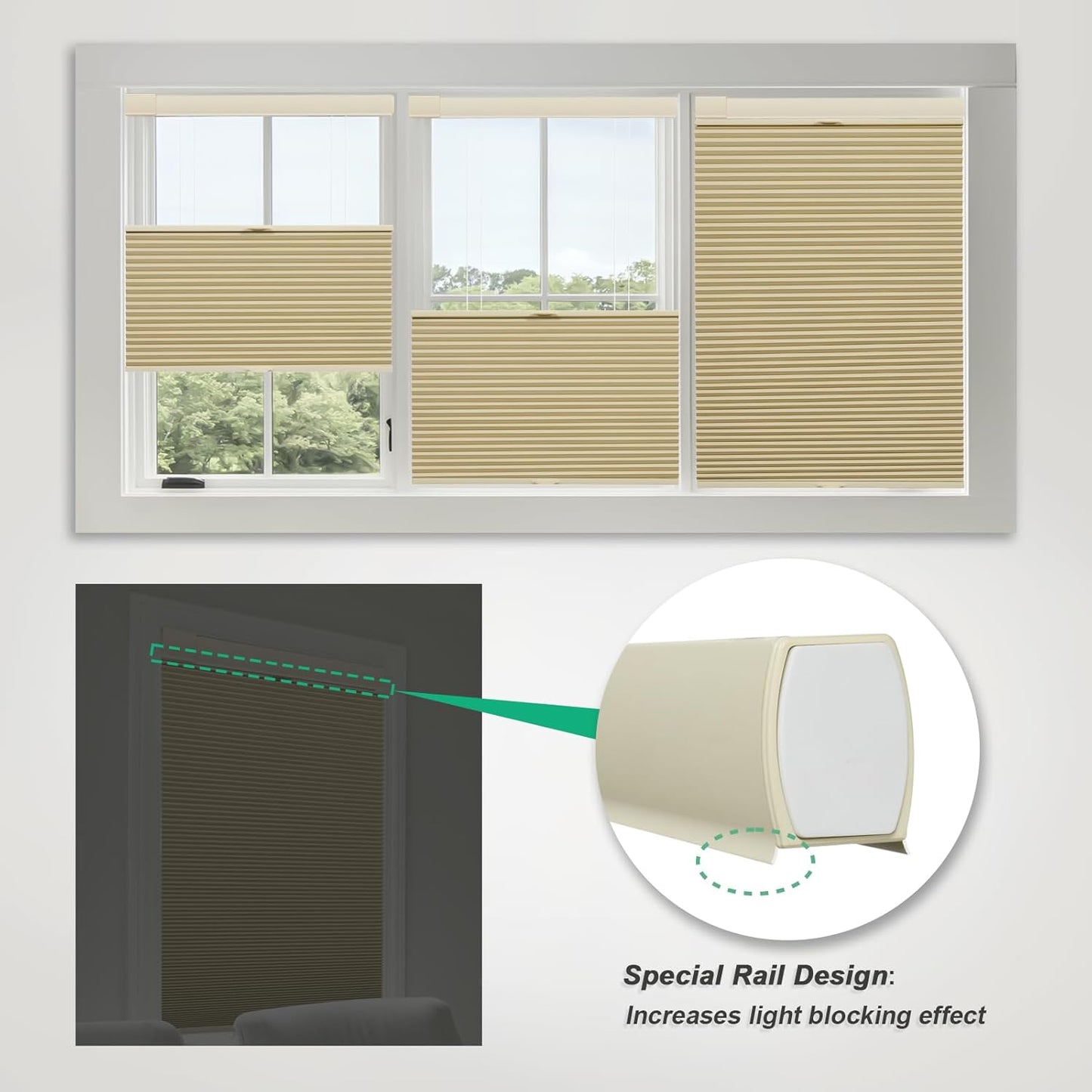 Cellular Shades for Windows, No Tools No Drill Top Down Bottom Up, 1" Blackout Fabric, Cordless Honeycomb Blinds for Indoor Window, Thermal Insulated Noise Reduction, Custom Size, Beige