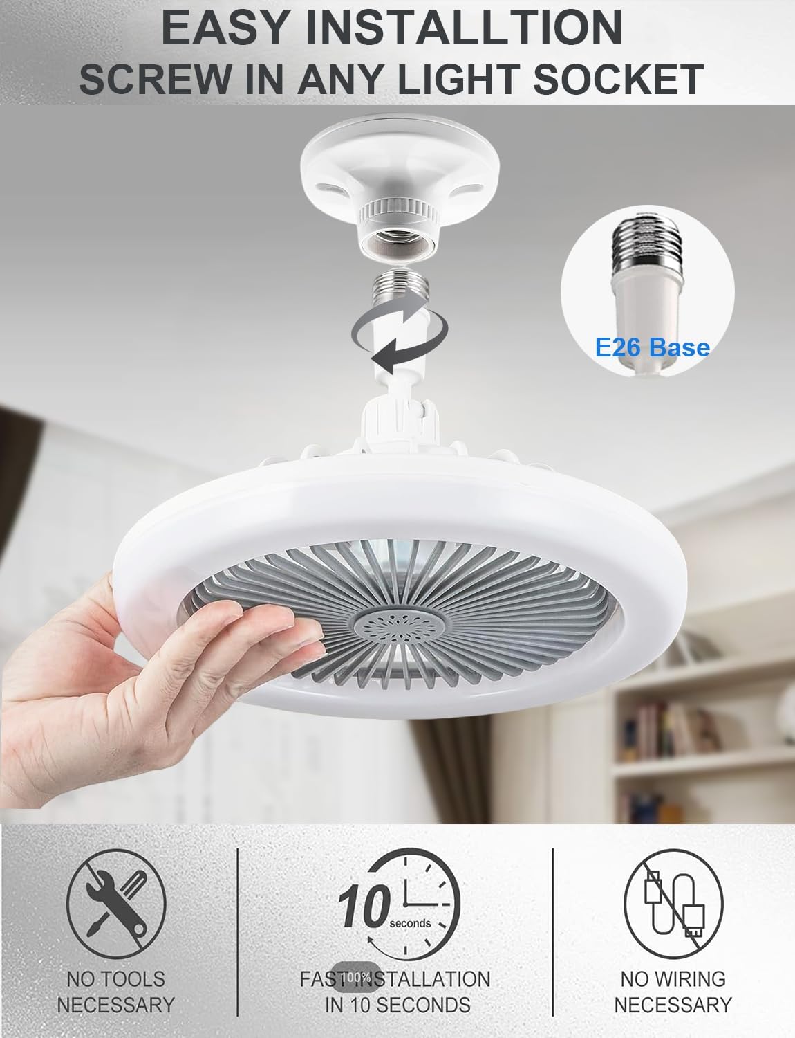 Enclosed Ceiling Fan with Light and Remote, 10 Inch Screw in Fan Light Mini Bladeless Ceiling Fans, 3 Fan Speeds Dimmable 3 Light Colors for Garage Tool Room Hallway, No Wiring Required