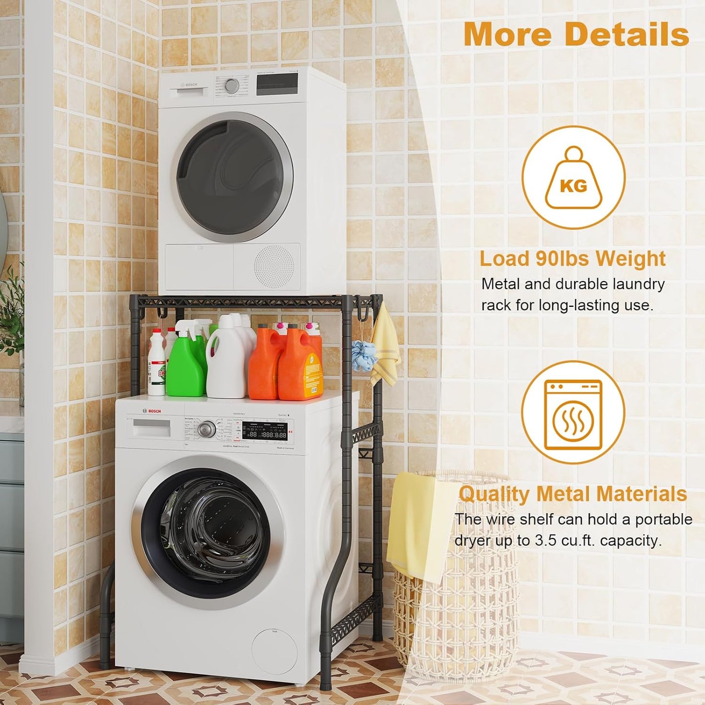 Over Washer Dryer Stacking Rack for Narrow Small Laundry Room and Bathroom, Metal and Heavy-Duty Washer and Dryer Storage Shelves