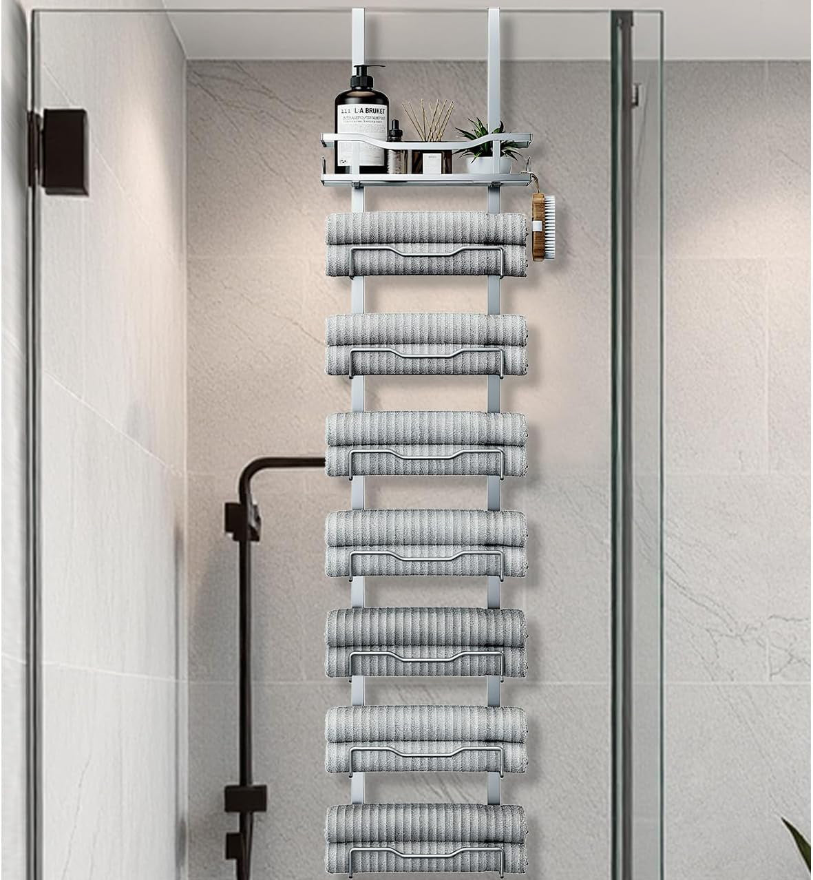Over-the-Door Towel Rack β 8-Tier No-Drill Hanging Organizer for Bathroom, Back Door β Space-Saving Rolled Towel Holder (Silver)