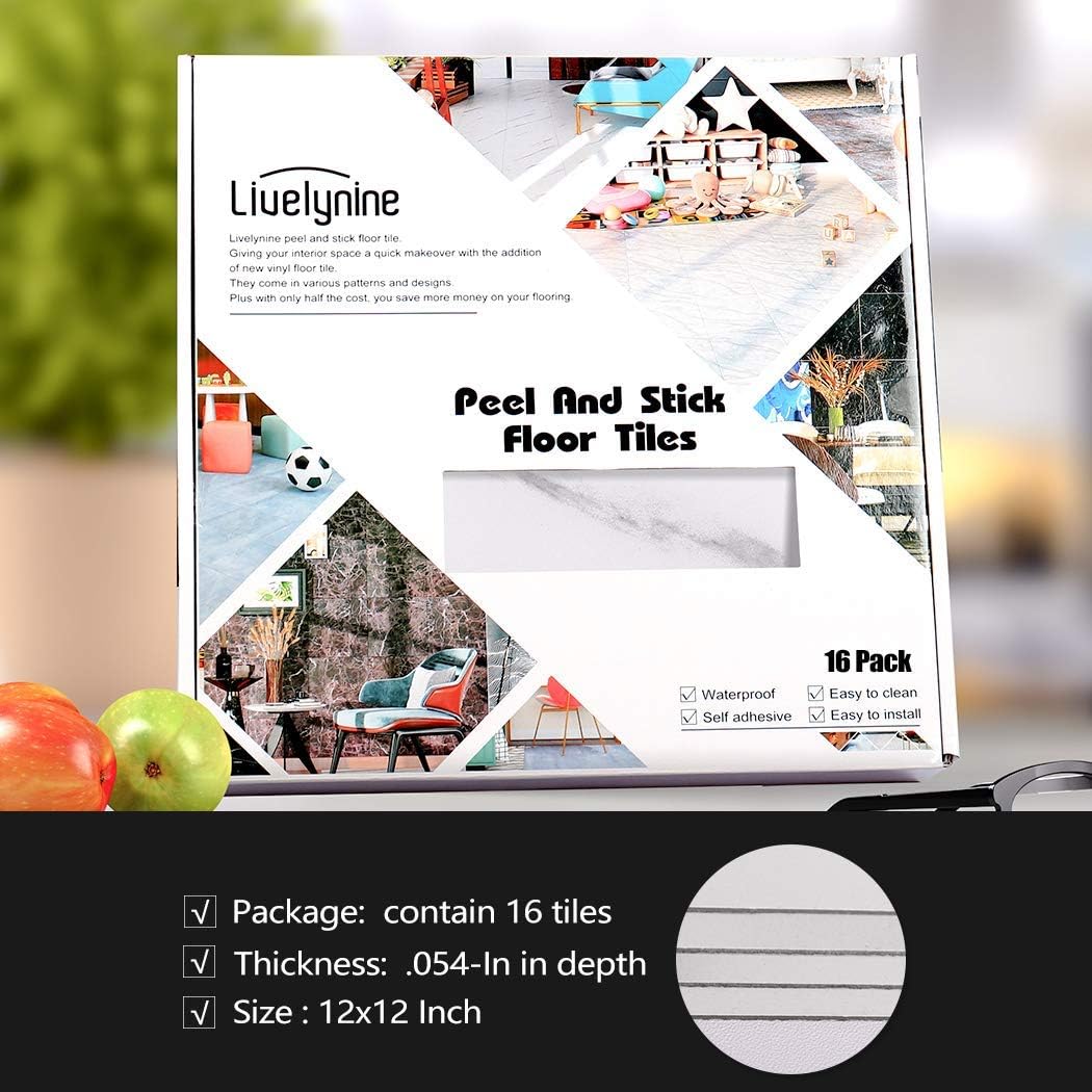 Livelynine White Peel and Stick Floor Tile 16pcs 12X12 Inch Stick on Floor Tiles Bathroom Vinyl Flooring Peel and Stick Tile Floor Stickers Kitchen Bedroom Renter Friendly Laminate Flooring Waterproof