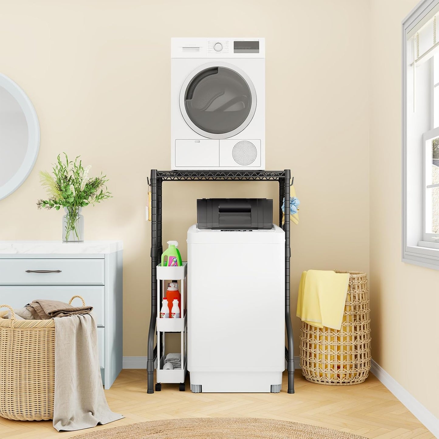Over Washer Dryer Stacking Rack for Narrow Small Laundry Room and Bathroom, Metal and Heavy-Duty Washer and Dryer Storage Shelves