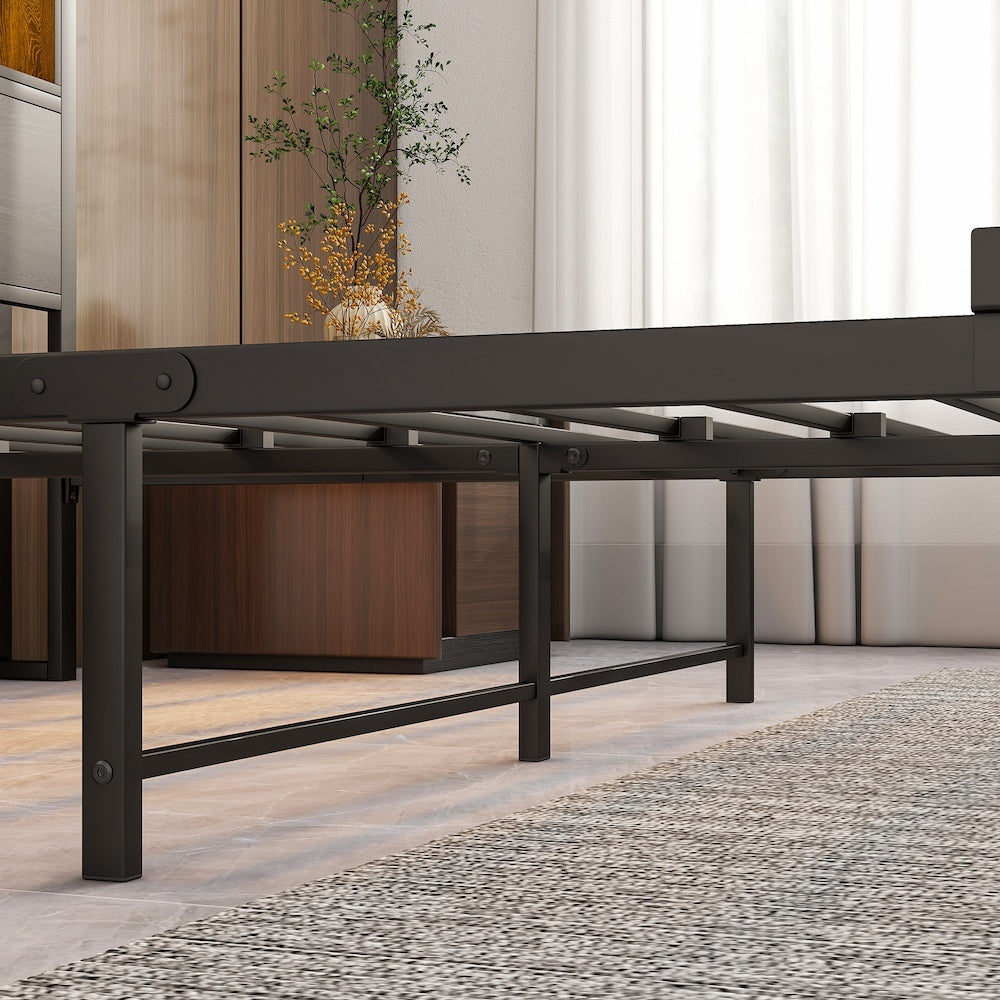 Full Size Bed Frame With Storage Headboard, Metal Platform Bed With Charging Station, Bookcase Storage, No Box Spring Needed, Easy Assembly, Noise-Free, Black