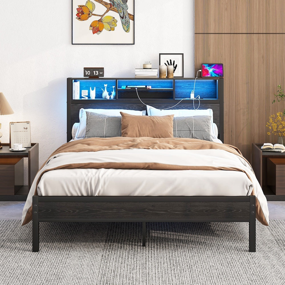 Full Size Bed Frame With Storage Headboard, Metal Platform Bed With Charging Station, Bookcase Storage, No Box Spring Needed, Easy Assembly, Noise-Free, Black