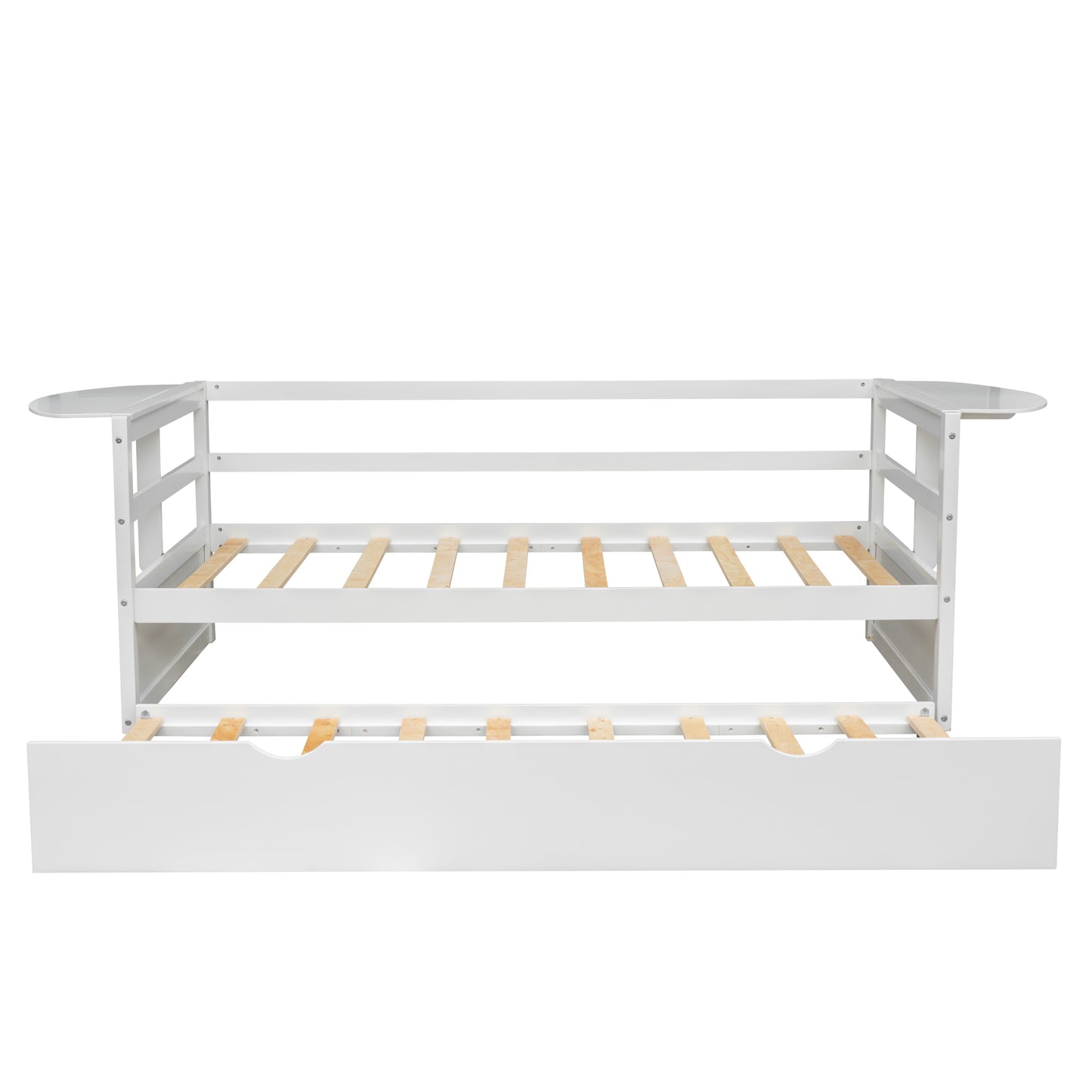 Twin Size Daybed with Trundle and Foldable Shelves on Both Sides – Space-Saving White Wood Frame for Bedroom