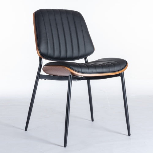 Mid-Century Modern Dining Chairs (Set of 2) – Black Faux Leather with Walnut Bentwood Back & Metal Legs