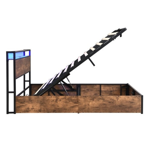 Wooden Platform Bed Frame with Lift-Up Storage & Built-In Charging Station