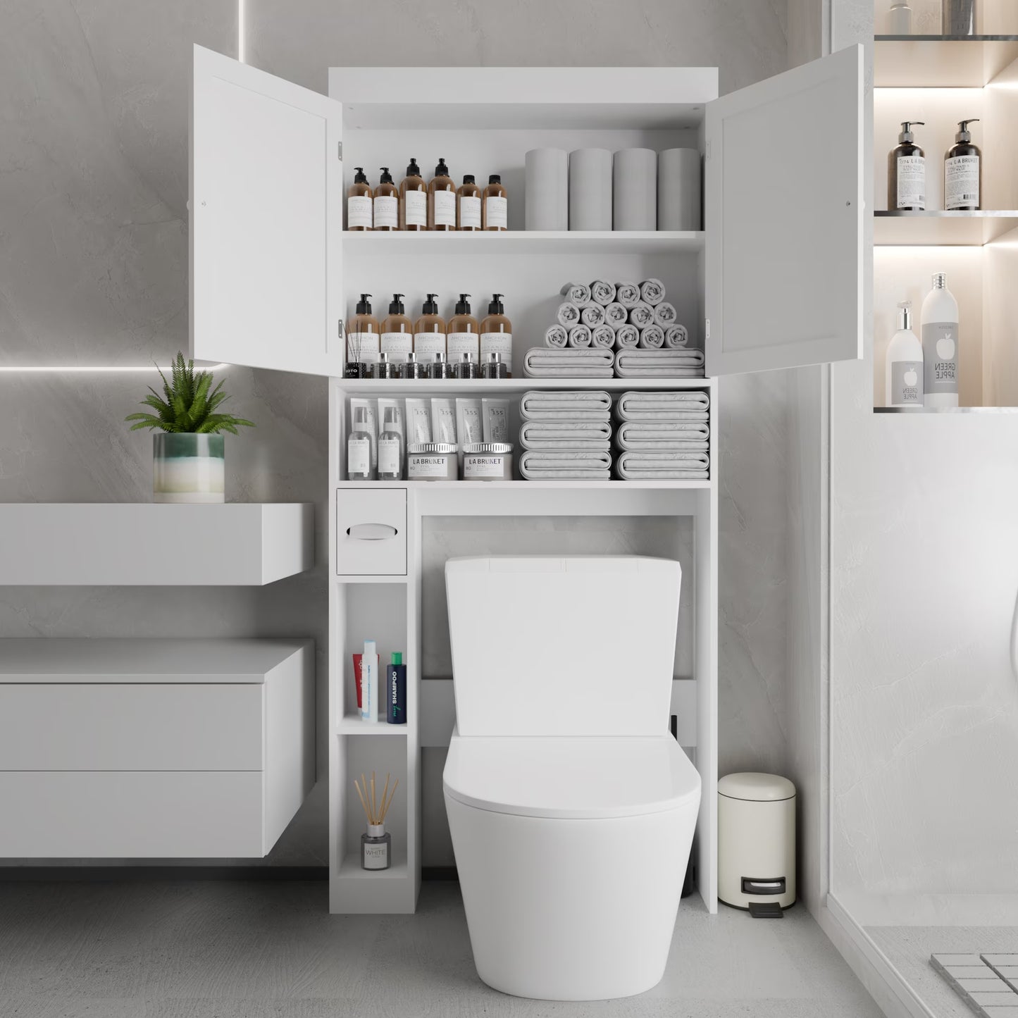 Over-the-Toilet Storage Cabinet with 2 Doors – Farmhouse Style Space-Saving Bathroom Organizer (White)