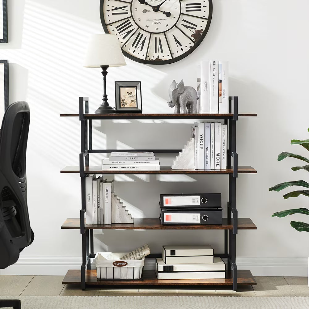 Modern Industrial Bookcase – 4-Tier Open Storage Shelf, Metal Frame & Wood Shelves