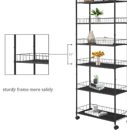 6-Tier Slim Storage Shelf on Wheels – Rolling Organizer Rack for Tight Spaces