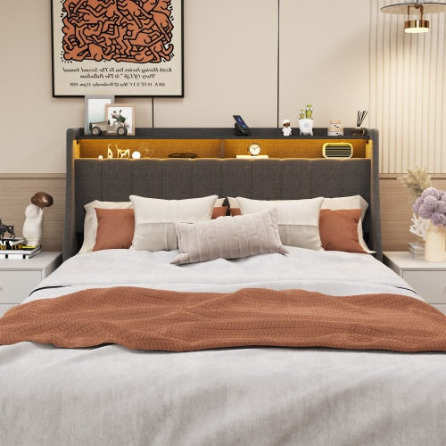 Full-Size Bed Frame with LED Headboard, 4 Under-Bed Storage Drawers & Wingback Design