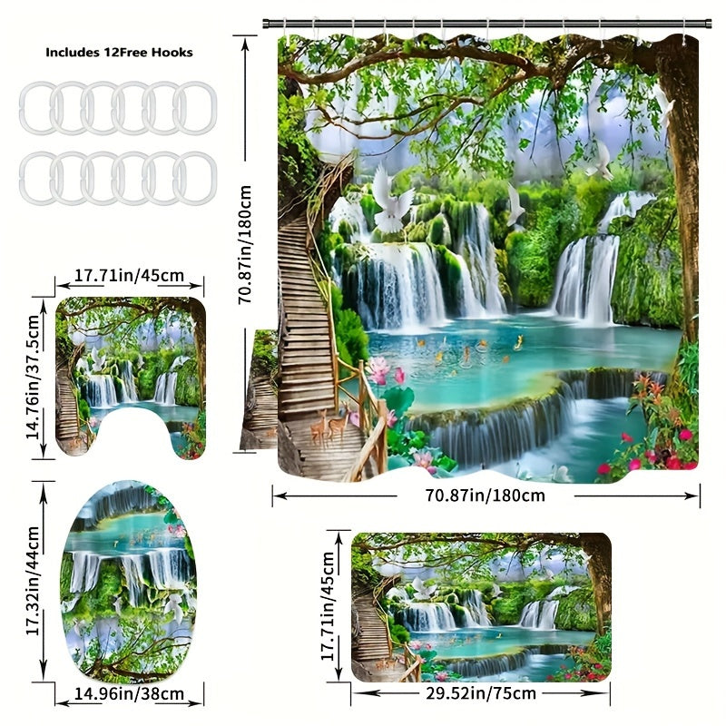 4-Piece Forest Waterfall Shower Curtain Set – Nature-Inspired Bathroom Decor with Non-Slip Mats & Lid Cover