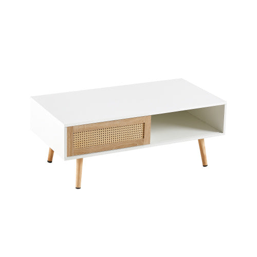 Rattan Coffee Table – Sliding Door Storage with Solid Wood Legs (White)