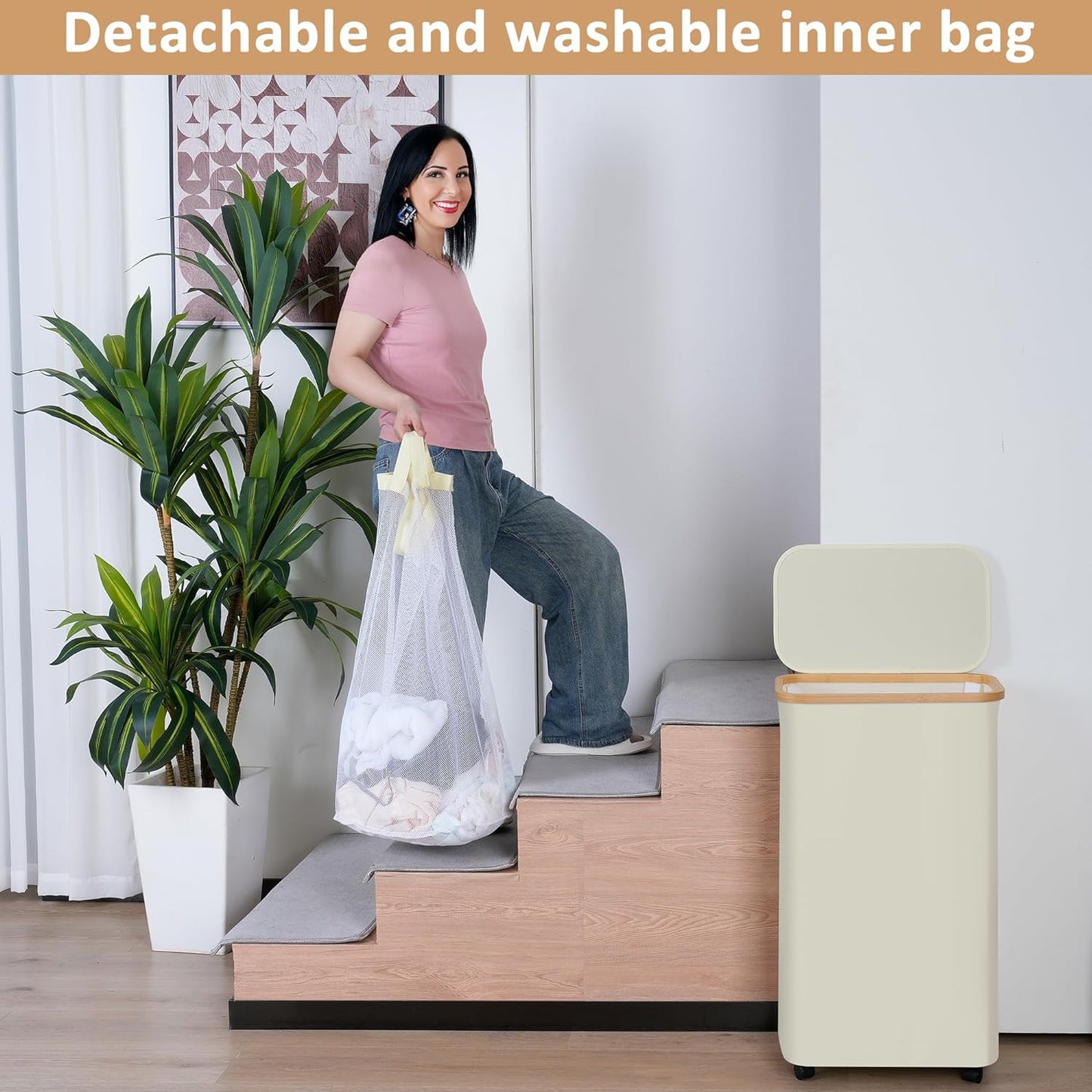 iEGrow 75L Slim Laundry Hamper with Wheels, Clothes Hamper for Laundry, Laundry Basket with Lid & Inner Bag for Laundry Room, Bedroom, Dormitory...
