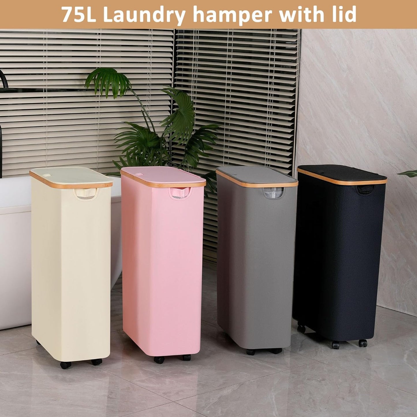 iEGrow 75L Slim Laundry Hamper with Wheels, Clothes Hamper for Laundry, Laundry Basket with Lid & Inner Bag for Laundry Room, Bedroom, Dormitory...