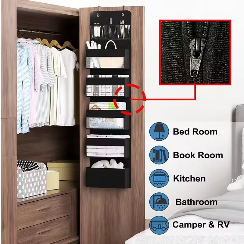 5-Shelf Hanging Storage Organizer – Anti-Tilt Design with 5 Large Pockets, Ideal for Bedroom, Bathroom, or Living Room (Over-the-Door Use)