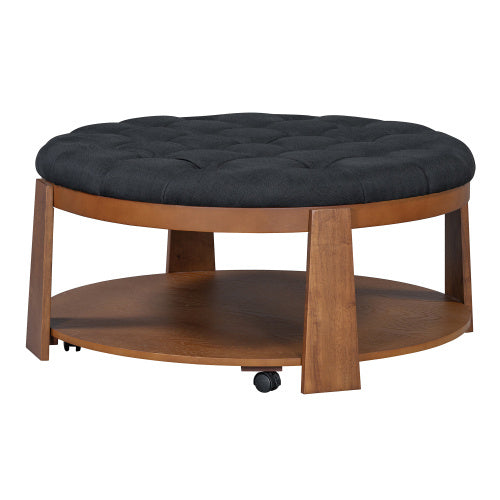 Modern 2-Tier Round Ottoman Coffee Table – Button Tufted, Mobile & Stylish
