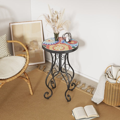 Colorful Outdoor Side Table – Ceramic Tile Top with Black Iron Frame, 14" Round Patio Accent Table
