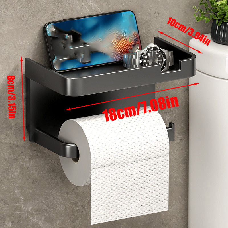 Modern Wall-Mounted Toilet Paper Holder – Black Plastic with Phone Tray, No-Drill & Easy to Install