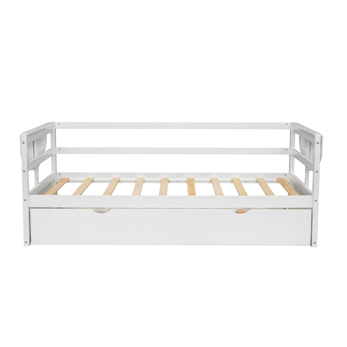 Twin Size Daybed with Trundle and Foldable Shelves on Both Sides – Space-Saving White Wood Frame for Bedroom