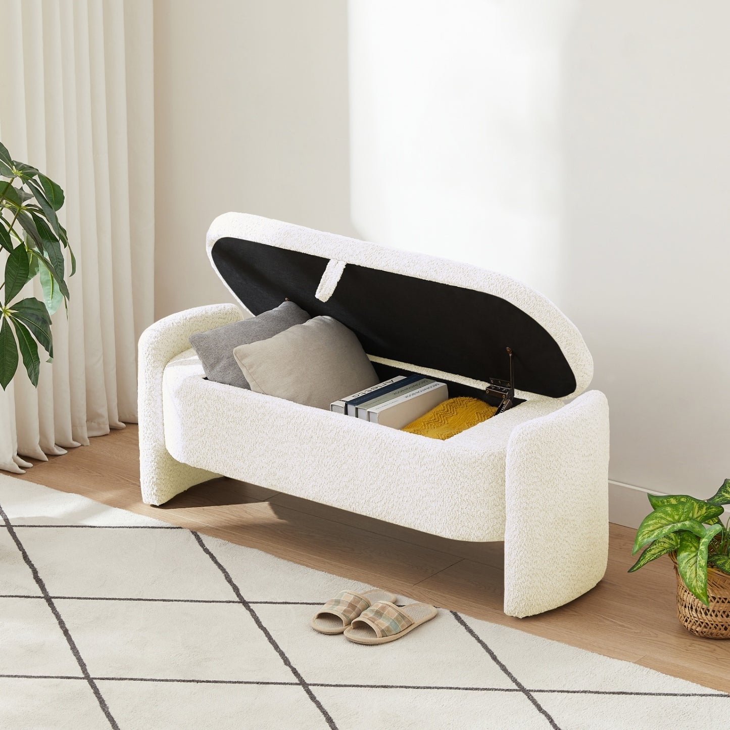 Ottoman Oval Storage Bench – Cream White (3D Lamb Fleece Fabric)