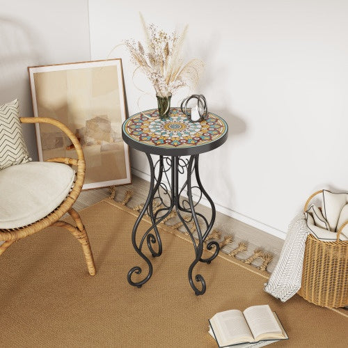 Colorful Outdoor Side Table – Ceramic Tile Top with Black Iron Frame, 14" Round Patio Accent Table
