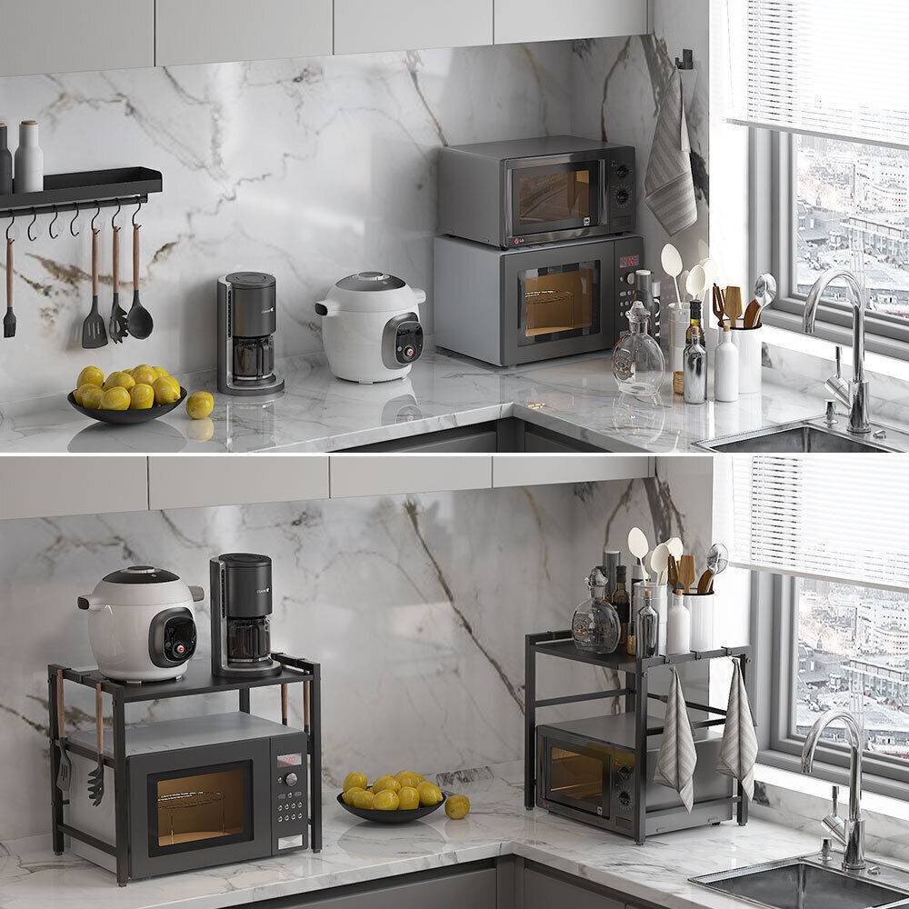 Black Single-Layer Kitchen Storage Rack – Double Bar with 6 Hooks & Extendable Design