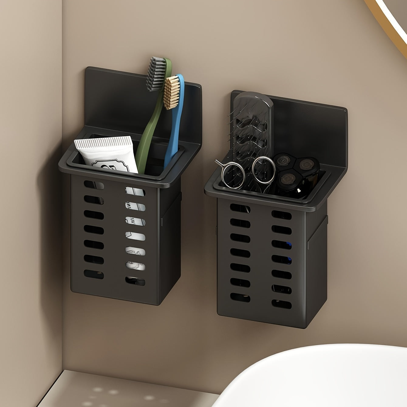 No-Drill Black Wall-Mounted Bathroom Organizer – Mold-Resistant Plastic Storage Basket