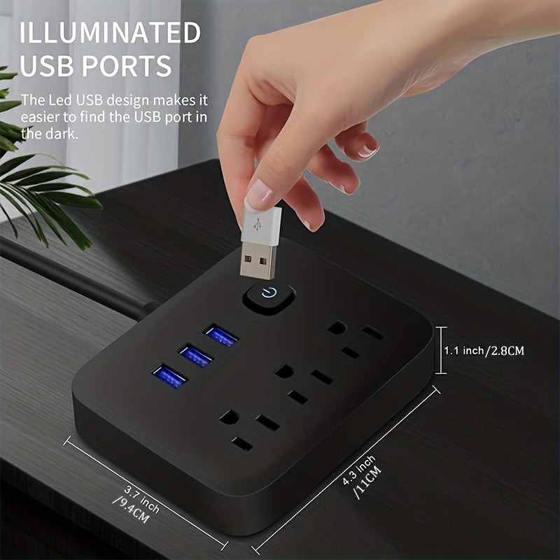 Touch-Controlled Power Strip Surge Protector – 3 AC Outlets, 3 USB Ports, Flat Plug, Overload Protection, Compact Charging Station for Home, Office & Travel (Black or White)