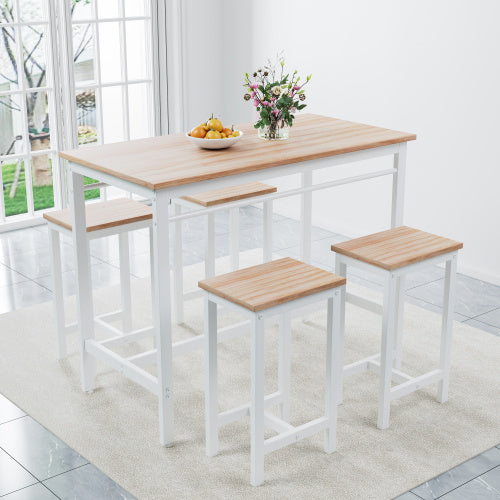 5-Piece Modern Bar Height Dining Set – White Oak Table with 4 Stools, Metal Frame & MDF