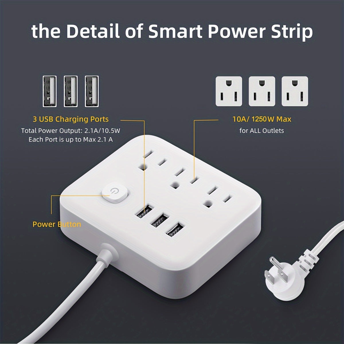 Touch-Controlled Power Strip Surge Protector – 3 AC Outlets, 3 USB Ports, Flat Plug, Overload Protection, Compact Charging Station for Home, Office & Travel (Black or White)