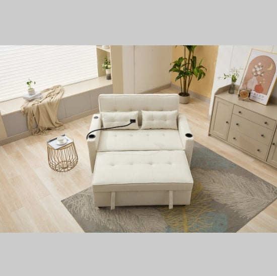 3-in-1 Futon Chair Bed Sleeper with USB Ports & Cup Holders – Convertible Armchair, Adjustable Backrest, White Technical Leather