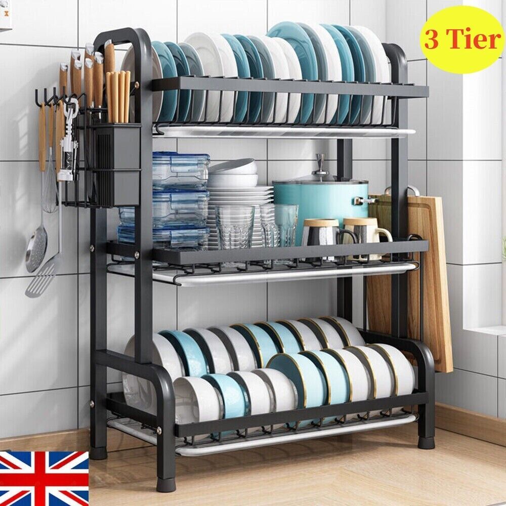 3-Tier Large Capacity Dish Drying Rack with Utensil & Cutting Board Holder – Space-Saving Kitchen Organizer (Black)