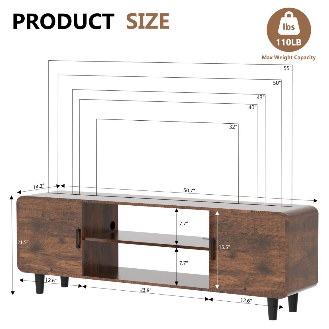Modern 55" TV Stand with Tempered Glass Doors, Charging Station & Rounded Corners – Walnut Finish