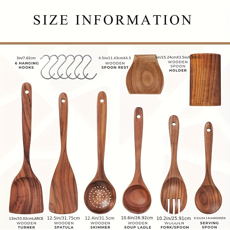 Teak Wooden Cooking Utensil Set – 8-Piece Nonstick Kitchen Tools with Spoon Rest & Hooks
