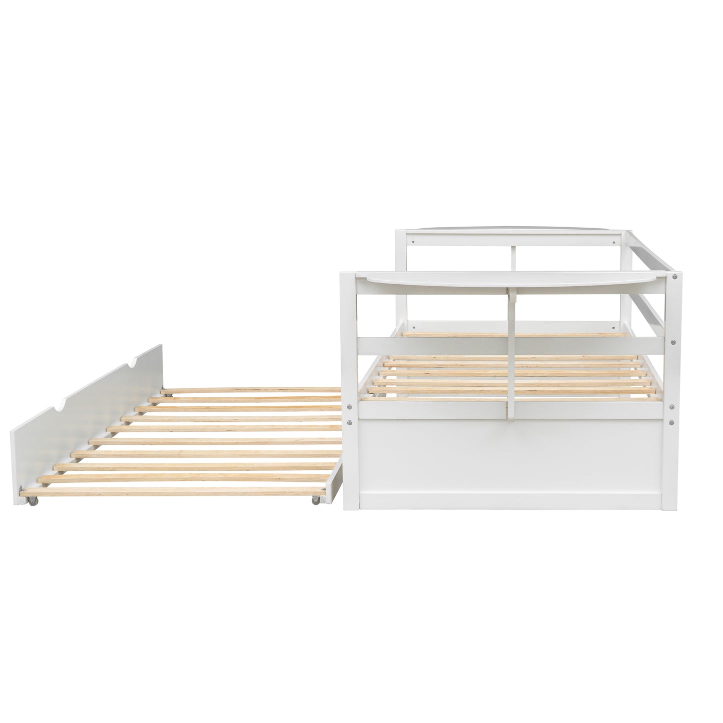 Twin Size Daybed with Trundle and Foldable Shelves on Both Sides – Space-Saving White Wood Frame for Bedroom