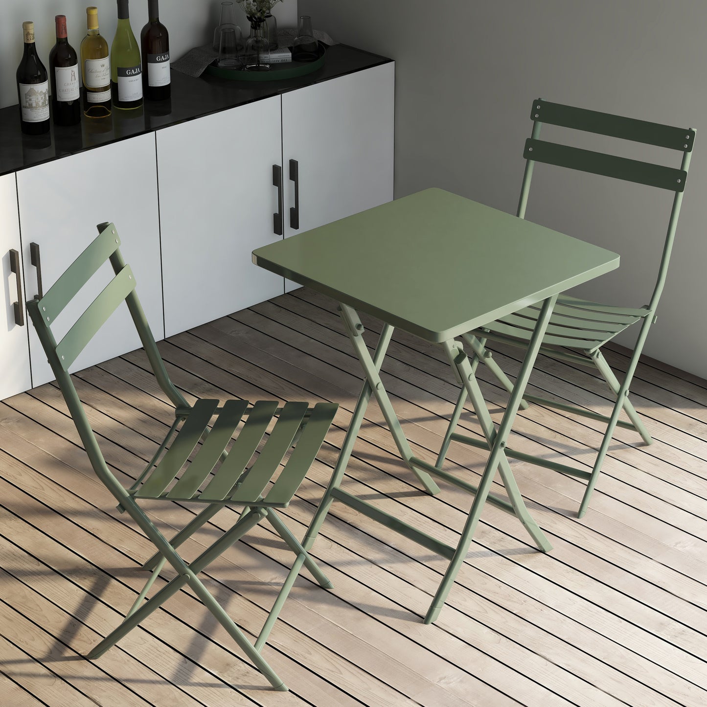 3 Piece Patio Bistro Set of Foldable Square Table and Chairs, Dark Green